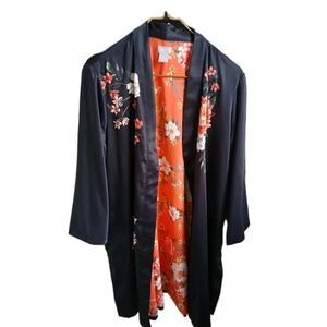 Chico's Drama Duster Oasis Paradise Womens Black Floral Kimono Robe Size 3 16/18